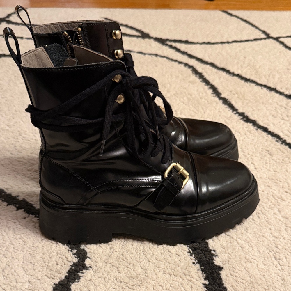 AllSaints Black Lace-Up Platform Combat Boots with Buckle (like new!)